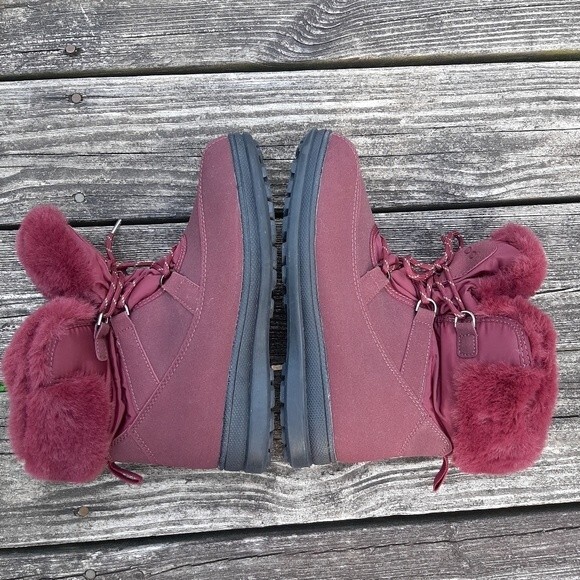 Floopi Faux Fur Boots Burgundy Lace-up Winter Shoes Booties Fleece-Lined Size 10 - Picture 9 of 13